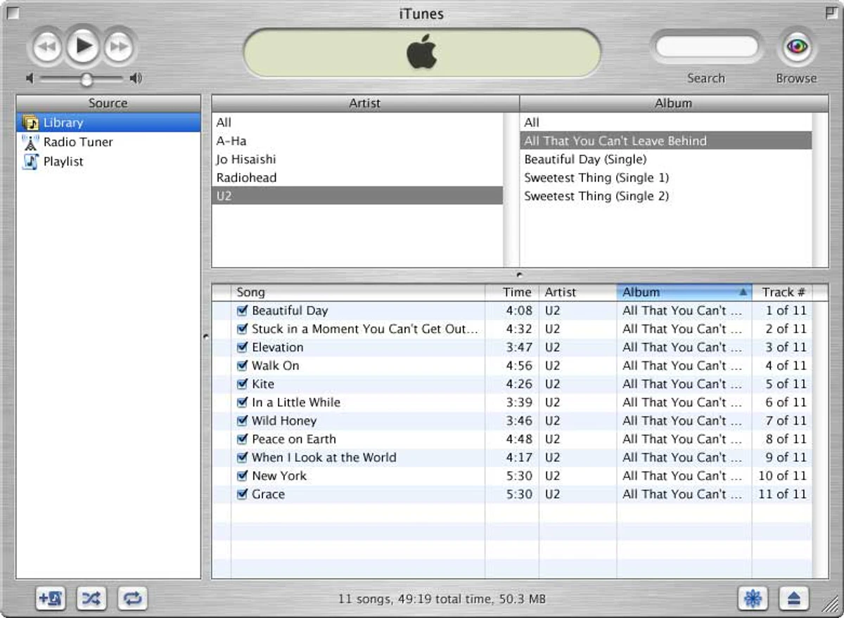 iTunes 1 showing a music library with a short source list, three-column browser, song table, and a small set of playback controls.