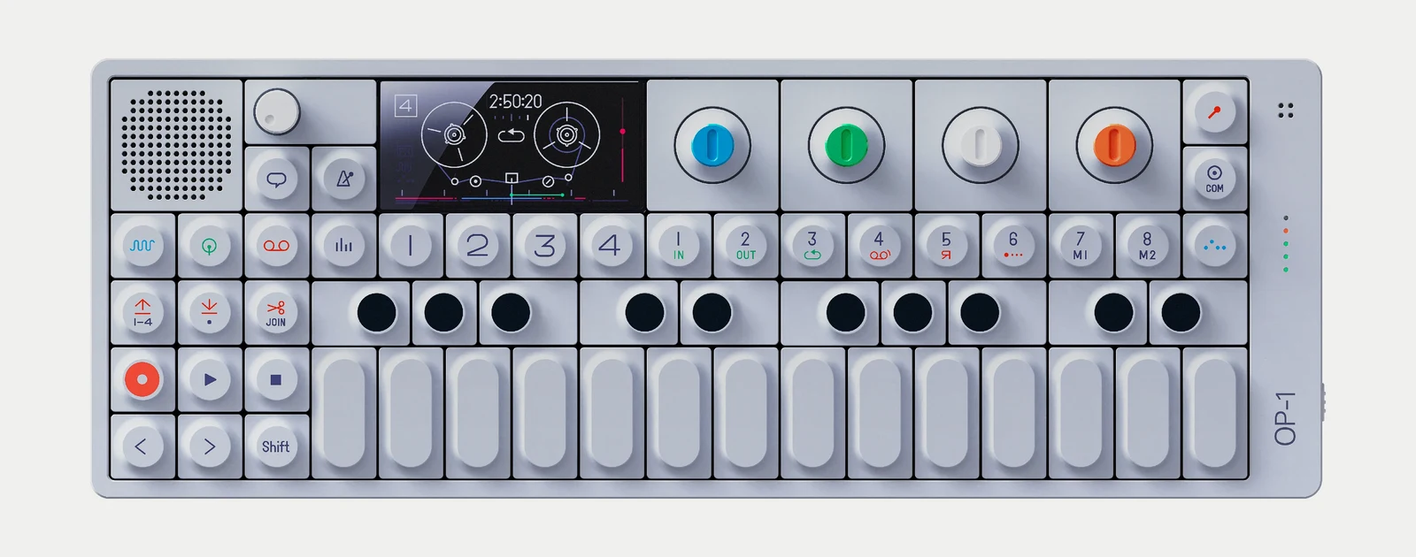 A Teenage Engineering OP-1 synthesizer seen from above, with a small graphical screen and four color-coded encoders above its keyboard.