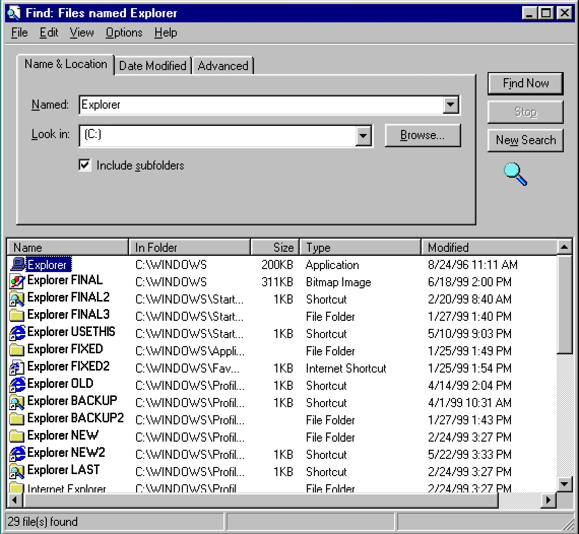 The Windows 95 Find window, with a menu bar, three search tabs, several fields and buttons, and a dense table of file results.
