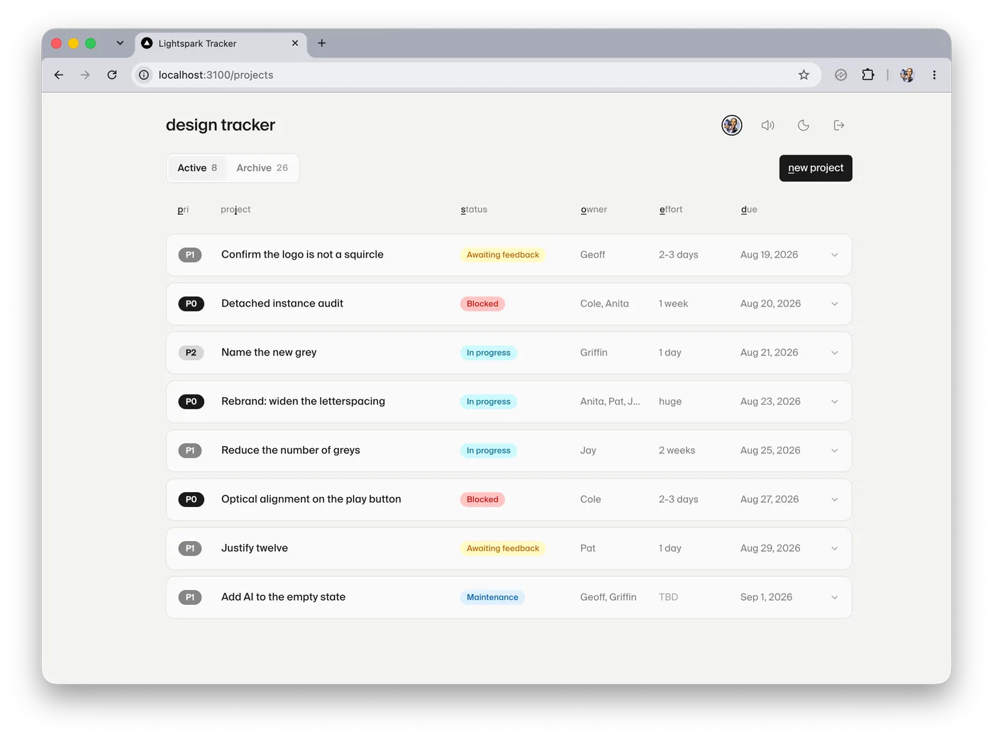 The first version of Rows: a board titled design tracker, with priorities as grey and black pills, owner names spelled out, effort written as “2-3 days”, and full calendar dates.