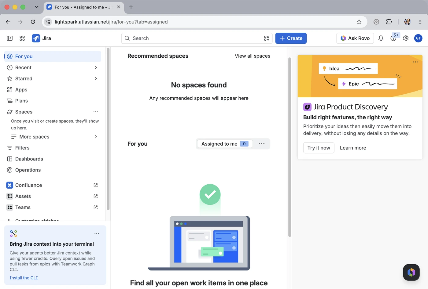 Jira’s For you page in a browser, showing an empty recommended-spaces state, a product-discovery ad, and no open work items assigned.