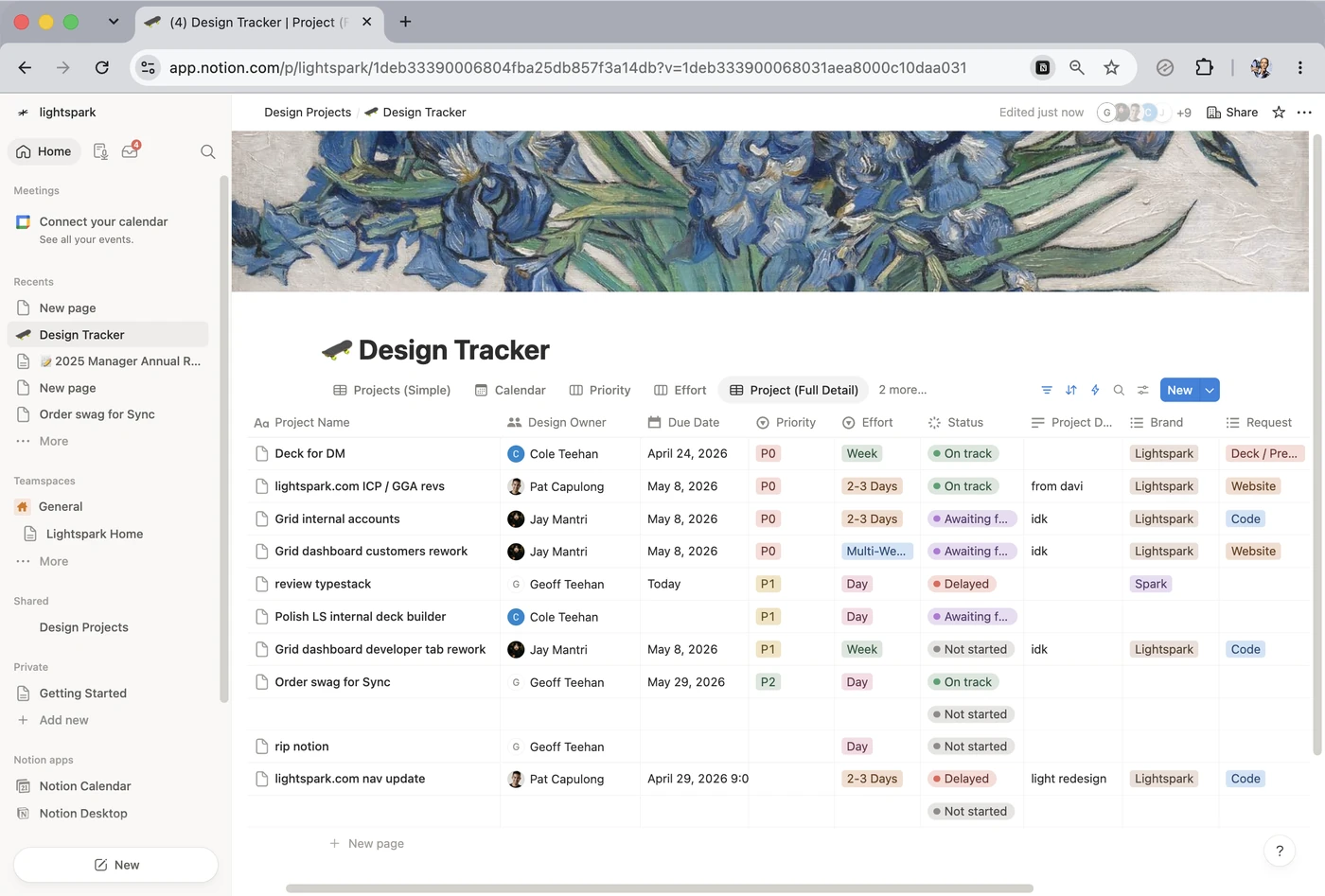 A Notion database called Design Tracker, with a Van Gogh irises cover image above rows showing design owner, due date, priority, effort, and status.