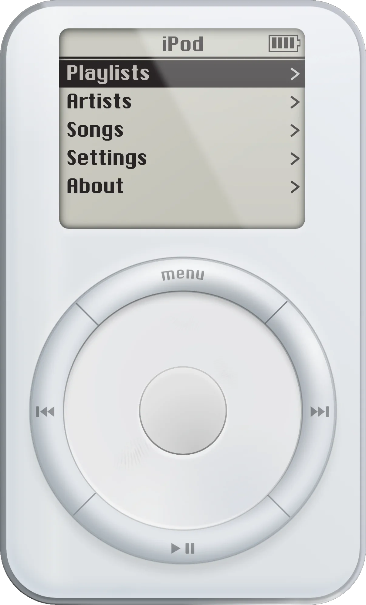 iPod Player on an iPhone screen — the full first-generation iPod face, parked at one of three positions.