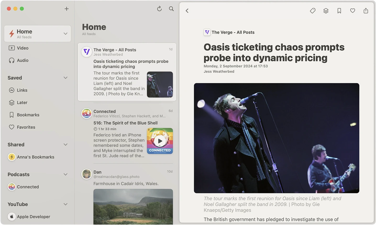 The Reeder app on a Mac: a sidebar and timeline of feeds on the left, an article open for reading on the right.
